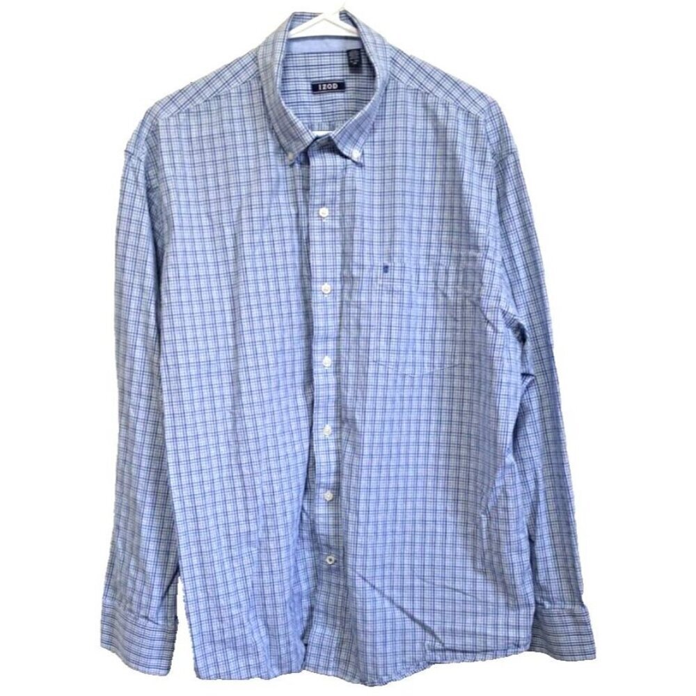 Izod Men's XL Cotton Long Sleeve Blue Plaid Button Down Shirt Button Cuff